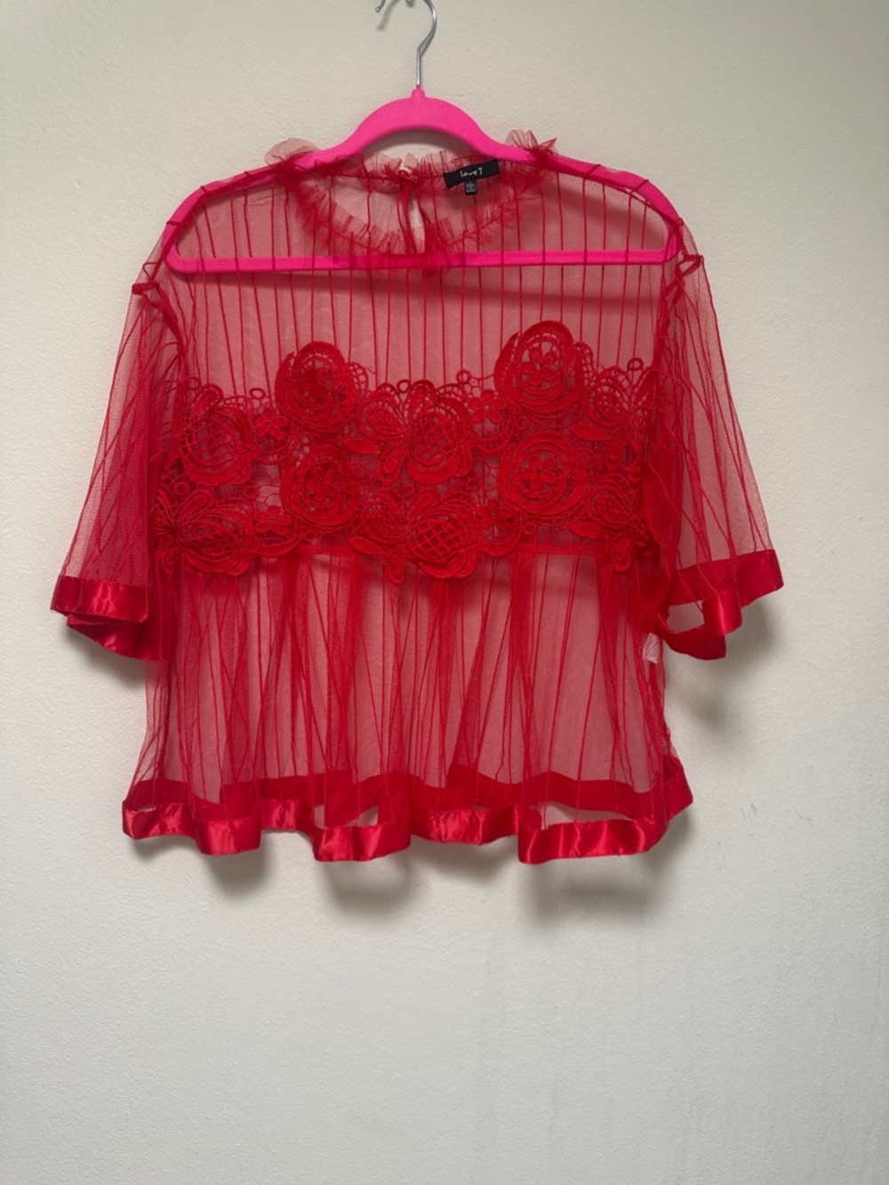 Sheer Red Lace Appliqué Women's Top